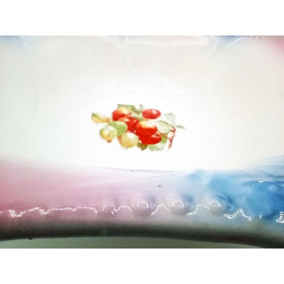 Serving Bowl SC Co Akron Pink Blue Scalloped Edge Cherries 10.5" 1940s Antique - Picture 6 of 15